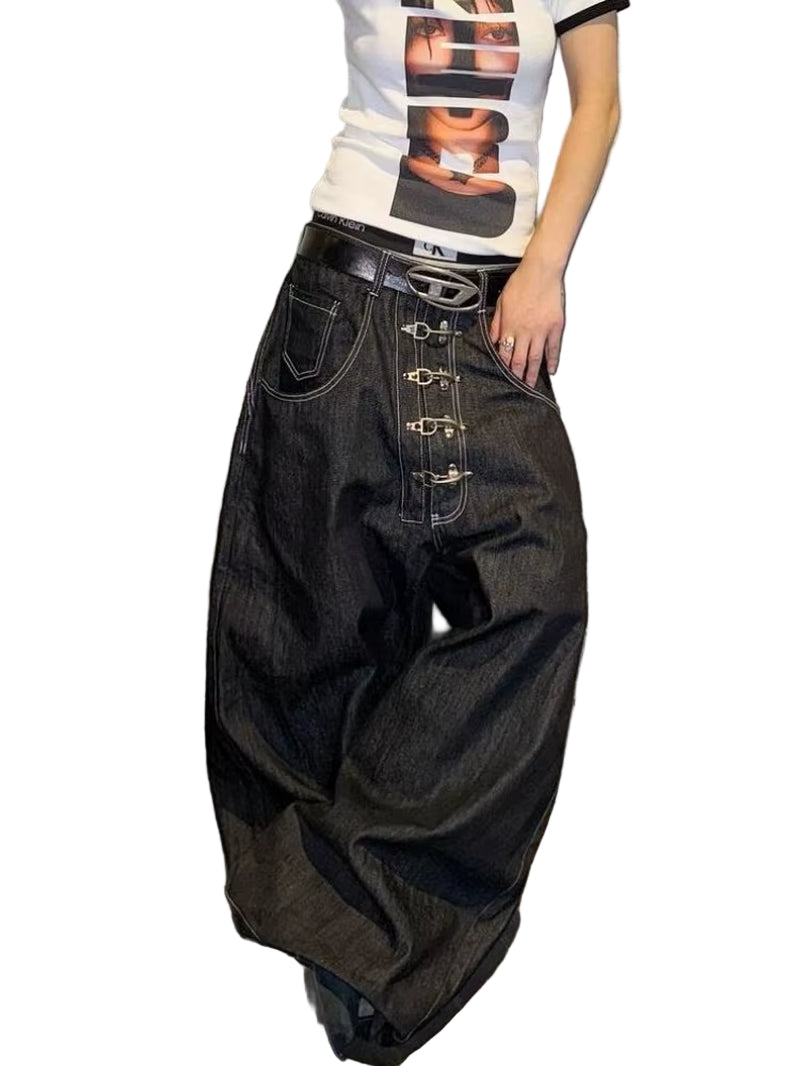 Women’S Metal Buckle Design Curved Wide-Leg Jeans High Waist Straight Baggy Denim Pants Female Vintage Street Style Trouser
