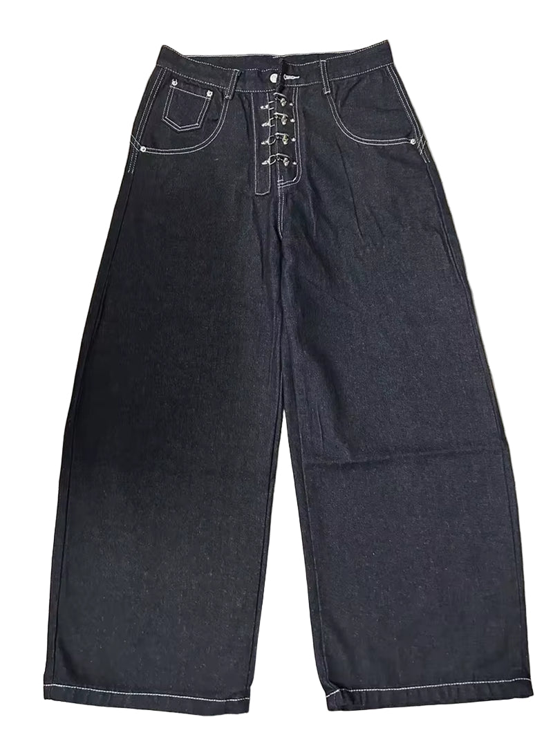 Women’S Metal Buckle Design Curved Wide-Leg Jeans High Waist Straight Baggy Denim Pants Female Vintage Street Style Trouser