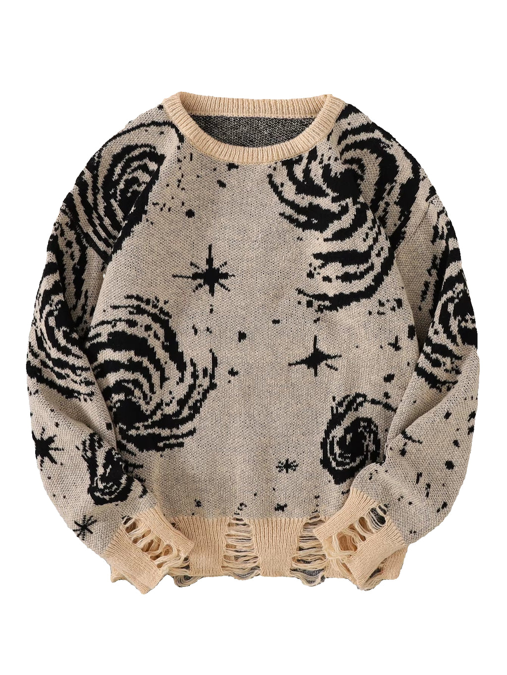 New Popular Street Ripped Abstract Starry Sky Pattern Pullover Ripped Sweater Casual round Neck Knitted Men'S Pullover