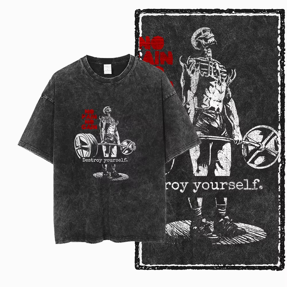 YG BODY BUILDING Printed Cotton Acid Washed Graphic Unisex T Shirt Cool CROSSFIT Streetwear Men Tshirts Big Size Tee for Men