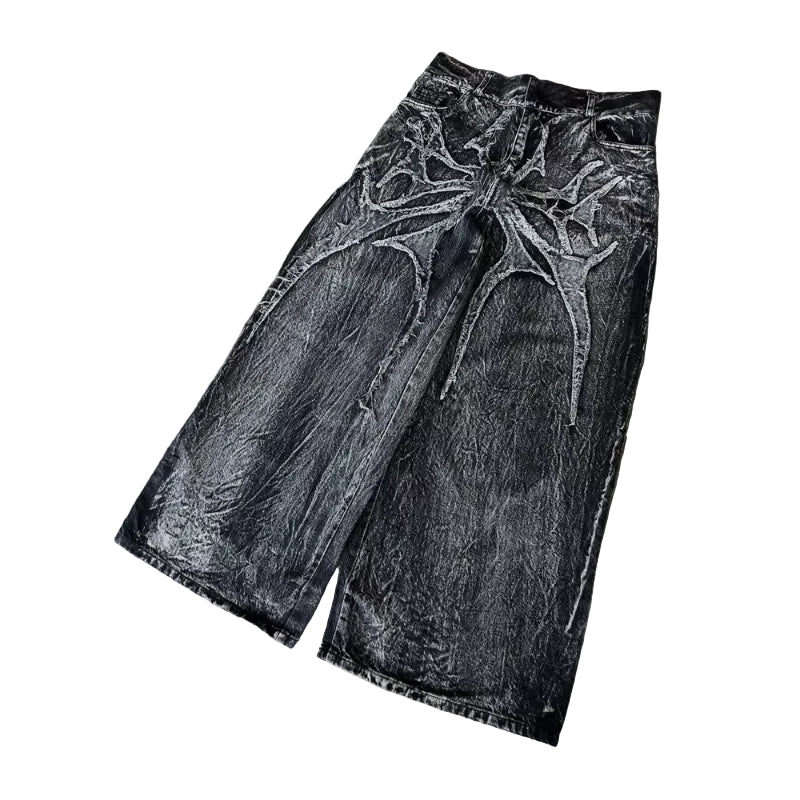 Gothic Retro Oversized Baggy Fit Unisex Mopping Pants Y2K Phantom Jeans High Street Spider Embroidered Patch Hip Hop Streetwear