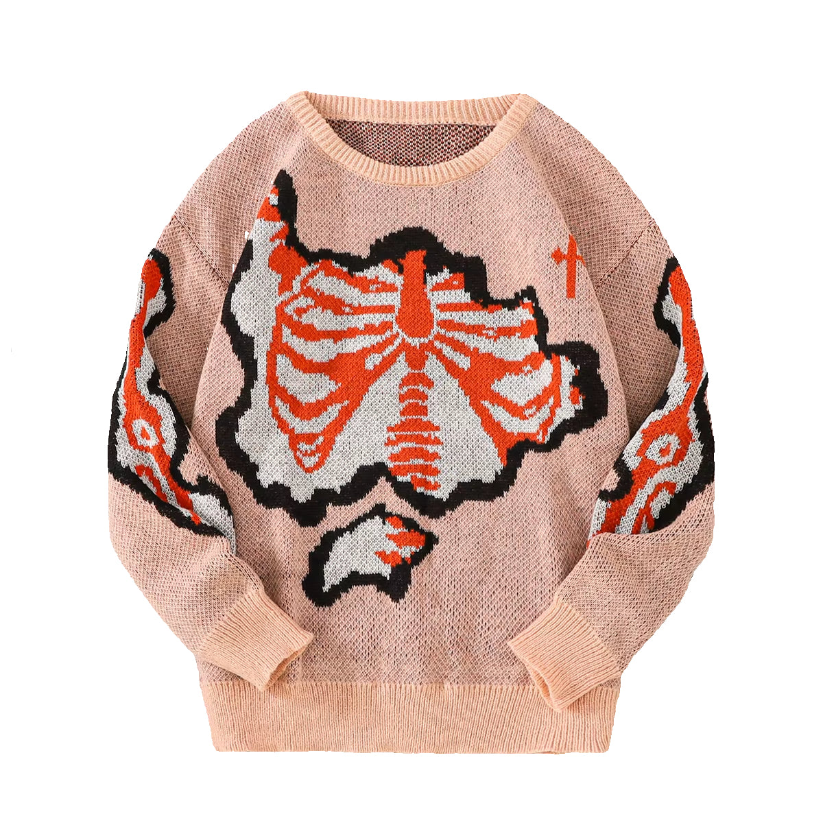New Popular Spring and Autumn Bone-Shaped Butterfly Jacquard Pattern Pullover Sweater Casual round Neck Contrast Color Knitted M