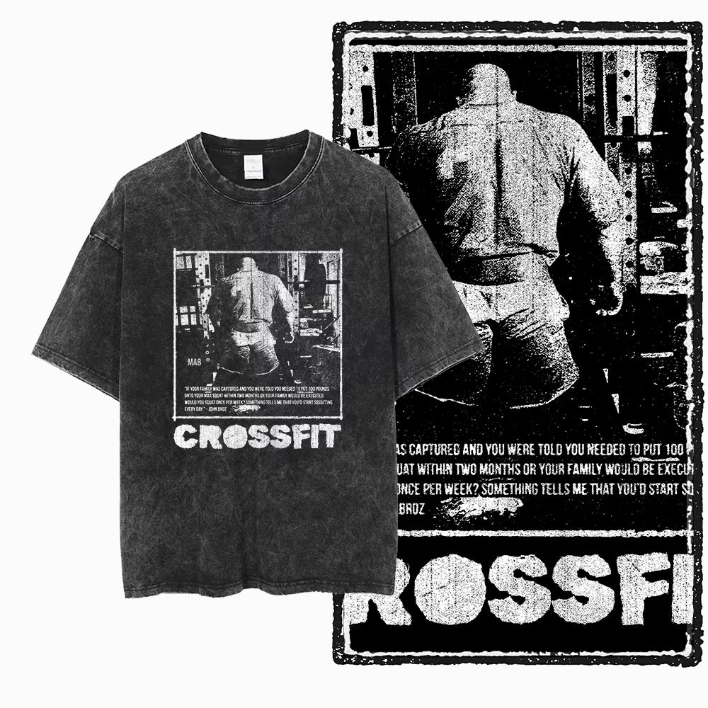 YG BODY BUILDING Printed Cotton Acid Washed Graphic Unisex T Shirt Cool CROSSFIT Streetwear Men Tshirts Big Size Tee for Men