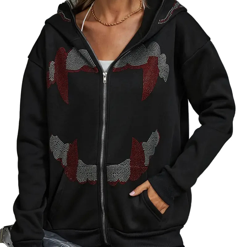 Autumn Fashion Punk Y2K Gothic Grunge Rhinestones Teeth Zip up Hoodies Long Sleeve Coat Sweatshirt Jacket Streetwear