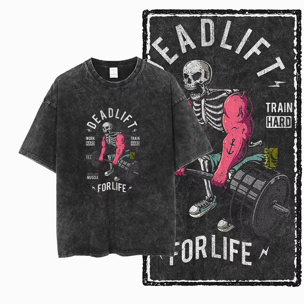 YG BODY BUILDING Printed Cotton Acid Washed Graphic Unisex T Shirt Cool CROSSFIT Streetwear Men Tshirts Big Size Tee for Men