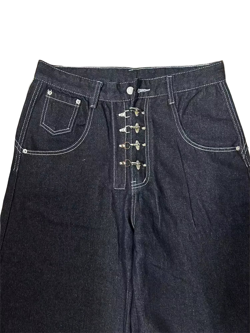 Women’S Metal Buckle Design Curved Wide-Leg Jeans High Waist Straight Baggy Denim Pants Female Vintage Street Style Trouser