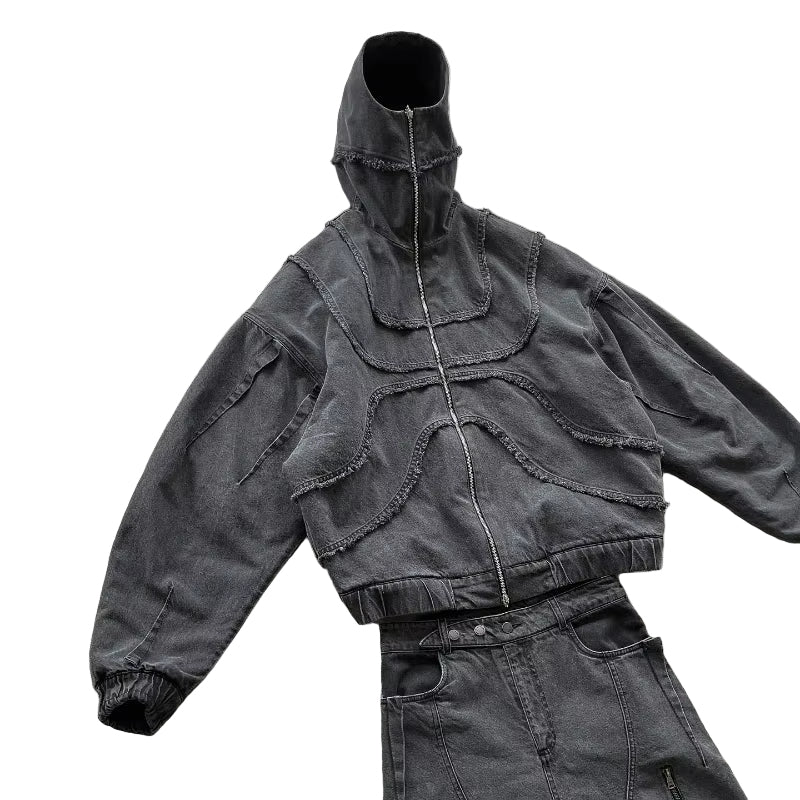 Washed Denim Jacket Y2K American Double Zipper Stitching Flanging Design Streetwear Gothic High Street Oversized Unisex Pullover