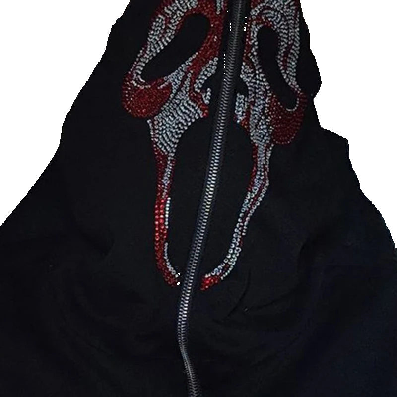 Autumn Fashion Punk Y2K Gothic Grunge Rhinestones Teeth Zip up Hoodies Long Sleeve Coat Sweatshirt Jacket Streetwear