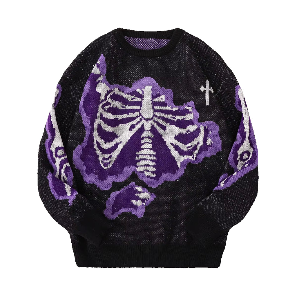 New Popular Spring and Autumn Bone-Shaped Butterfly Jacquard Pattern Pullover Sweater Casual round Neck Contrast Color Knitted M