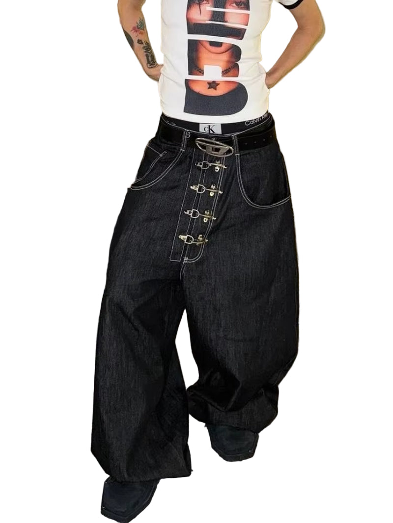 Women’S Metal Buckle Design Curved Wide-Leg Jeans High Waist Straight Baggy Denim Pants Female Vintage Street Style Trouser