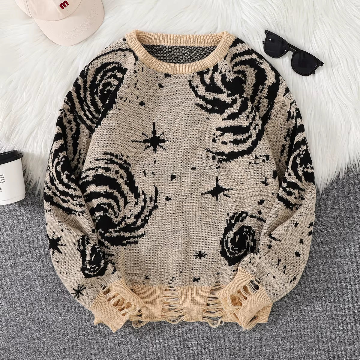 New Popular Street Ripped Abstract Starry Sky Pattern Pullover Ripped Sweater Casual round Neck Knitted Men'S Pullover