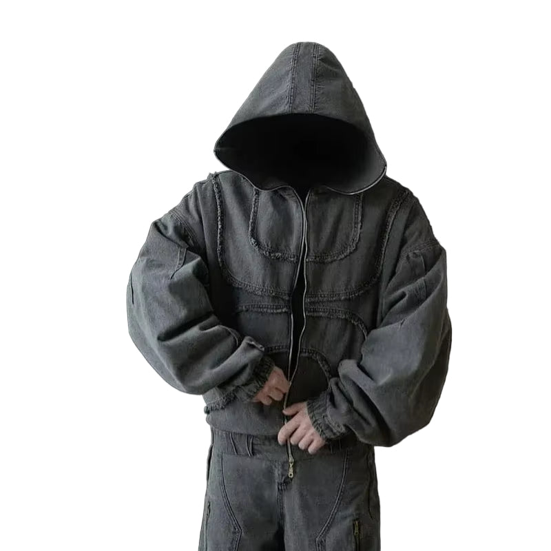 Washed Denim Jacket Y2K American Double Zipper Stitching Flanging Design Streetwear Gothic High Street Oversized Unisex Pullover