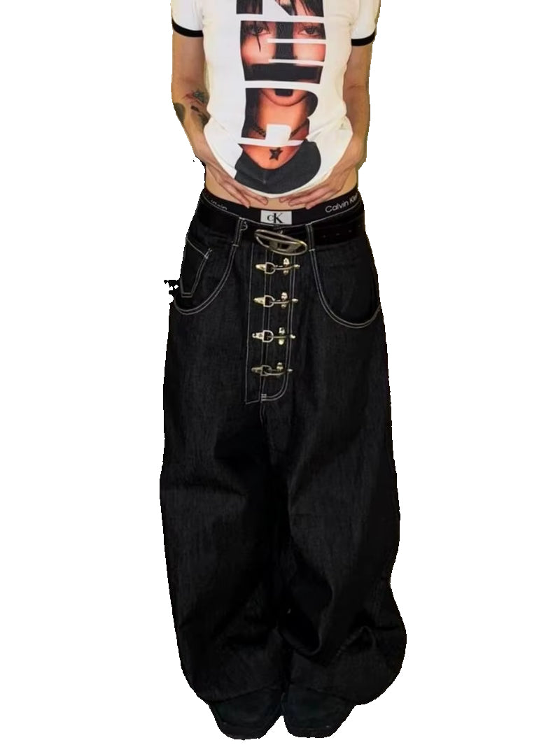 Women’S Metal Buckle Design Curved Wide-Leg Jeans High Waist Straight Baggy Denim Pants Female Vintage Street Style Trouser