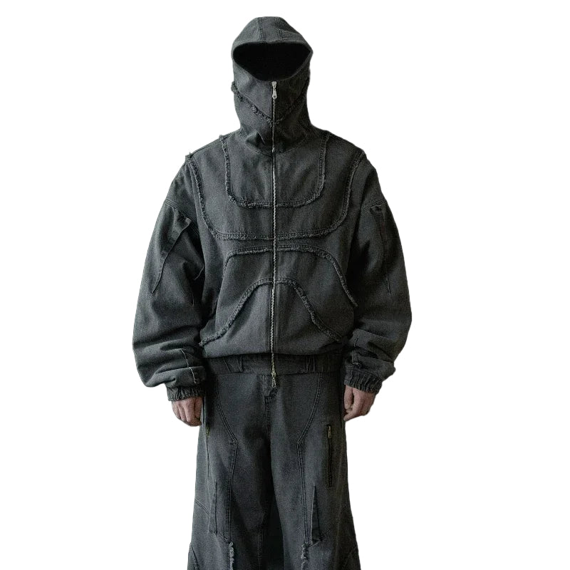 Washed Denim Jacket Y2K American Double Zipper Stitching Flanging Design Streetwear Gothic High Street Oversized Unisex Pullover